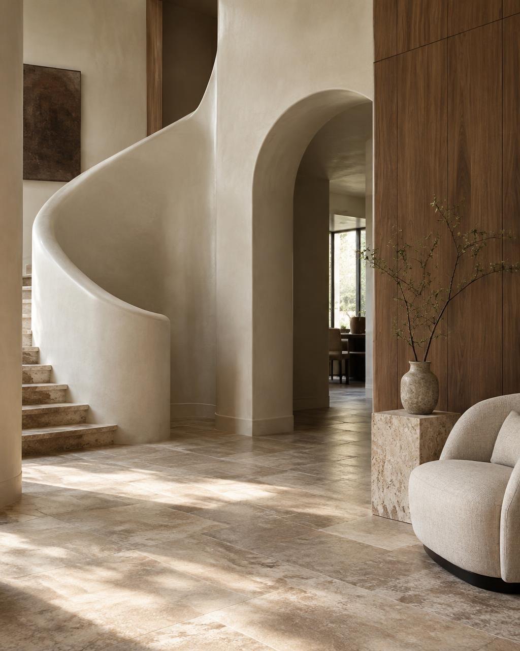 Editorial architectural concept of a sculptural staircase, walnut and natural stone